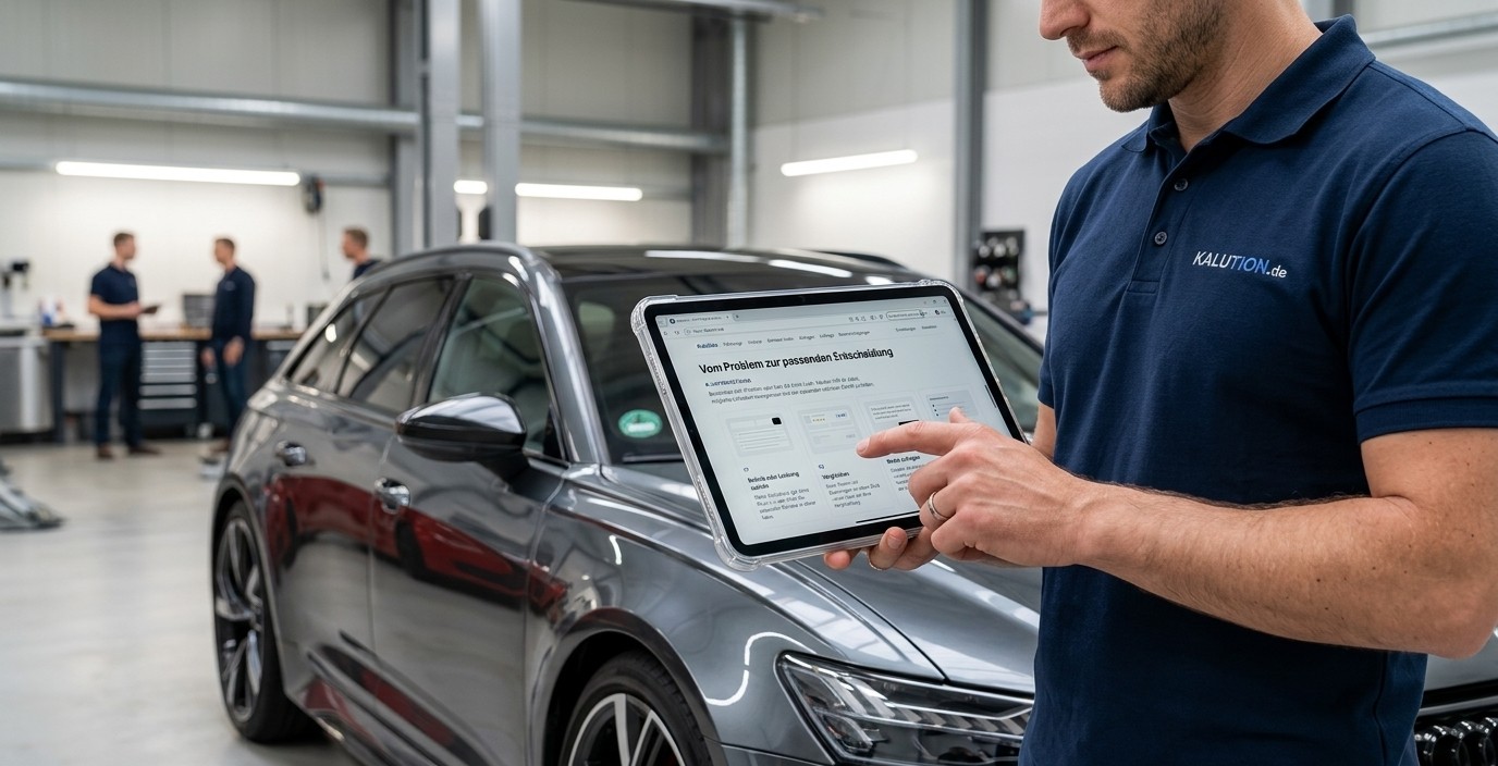 Werkstatt-Mitarbeiter mit Tablet neben Fahrzeug in der Werkstatt
