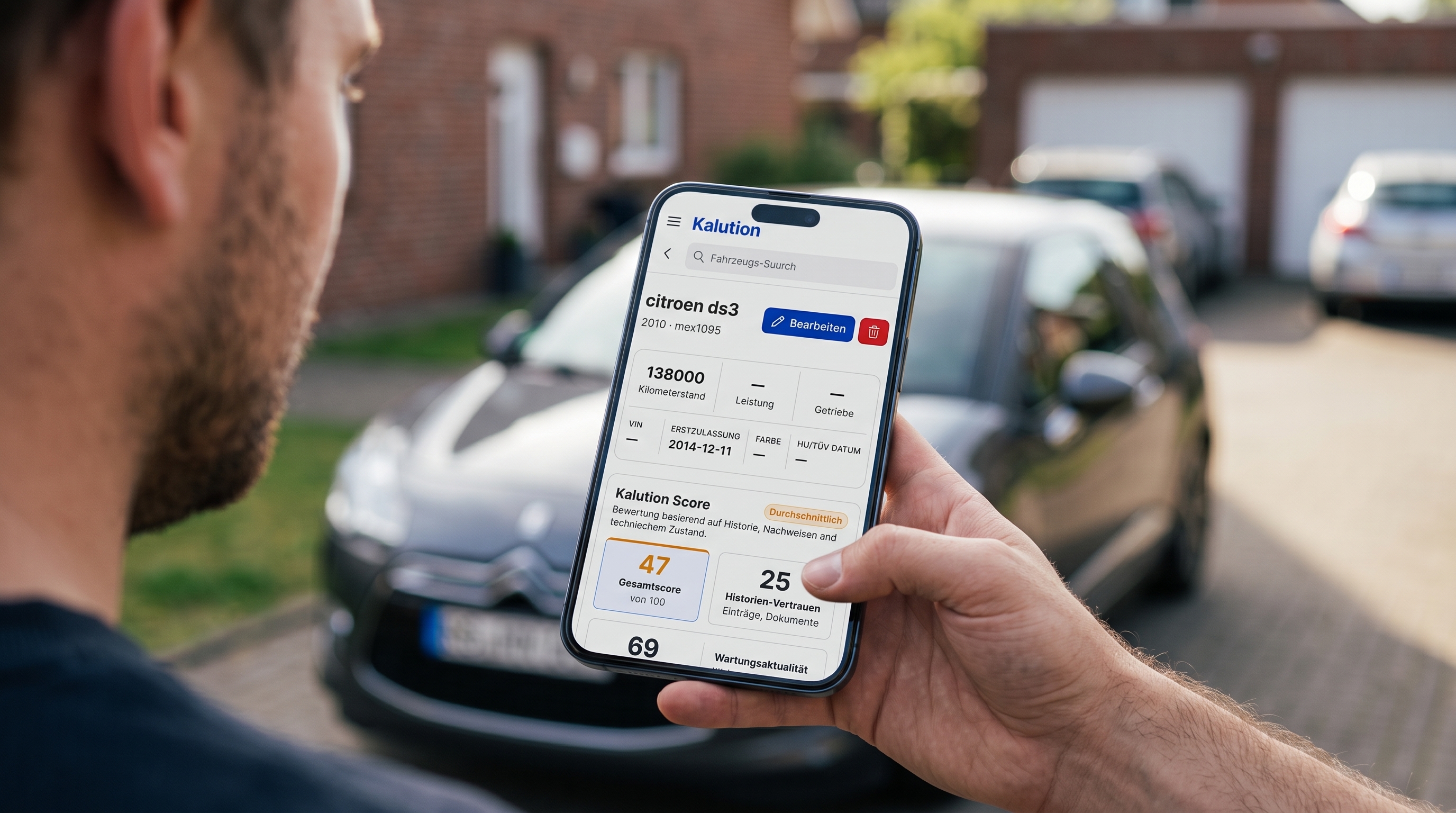 Person hält Smartphone mit Kalution Fahrzeugansicht