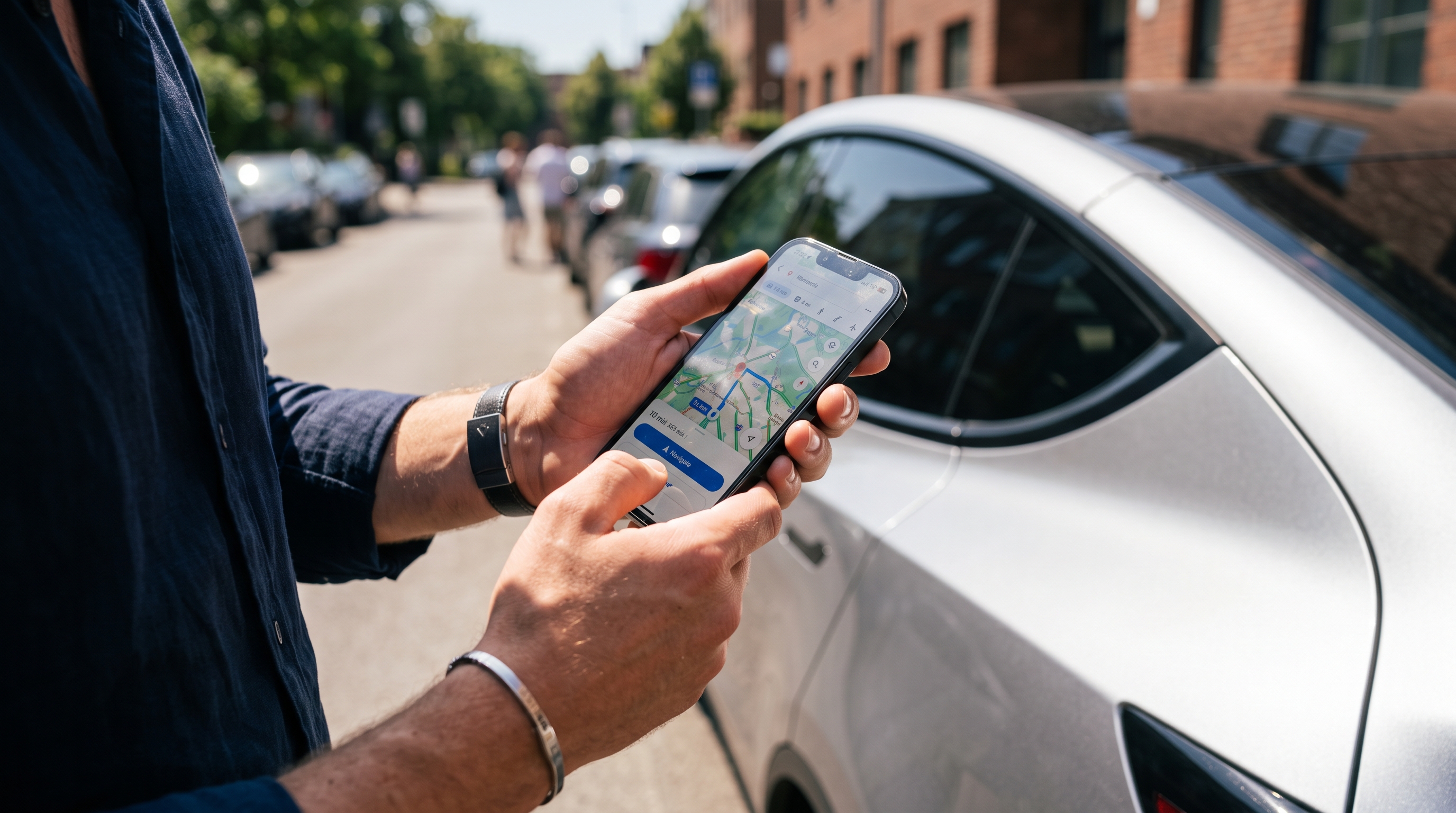Person neben Auto sucht auf dem Smartphone nach Werkstätten in der Nähe